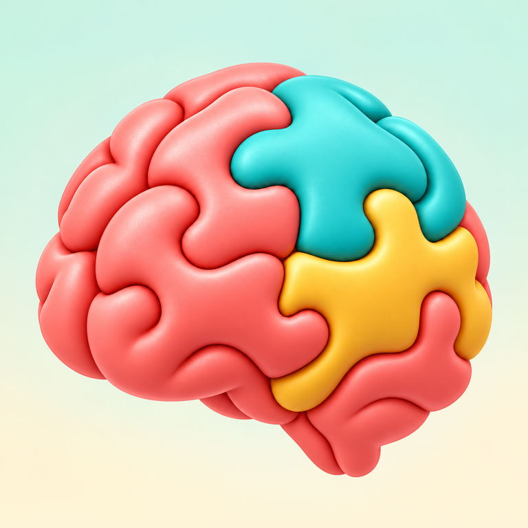 Coglumi's coral, teal, and golden puzzle-piece brain